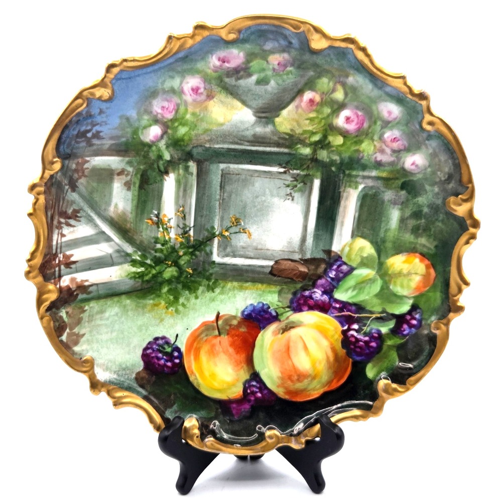 Limoges France LRL Porcelain Hand Painted Plate 12" Garden and Fruit Gold Gilt